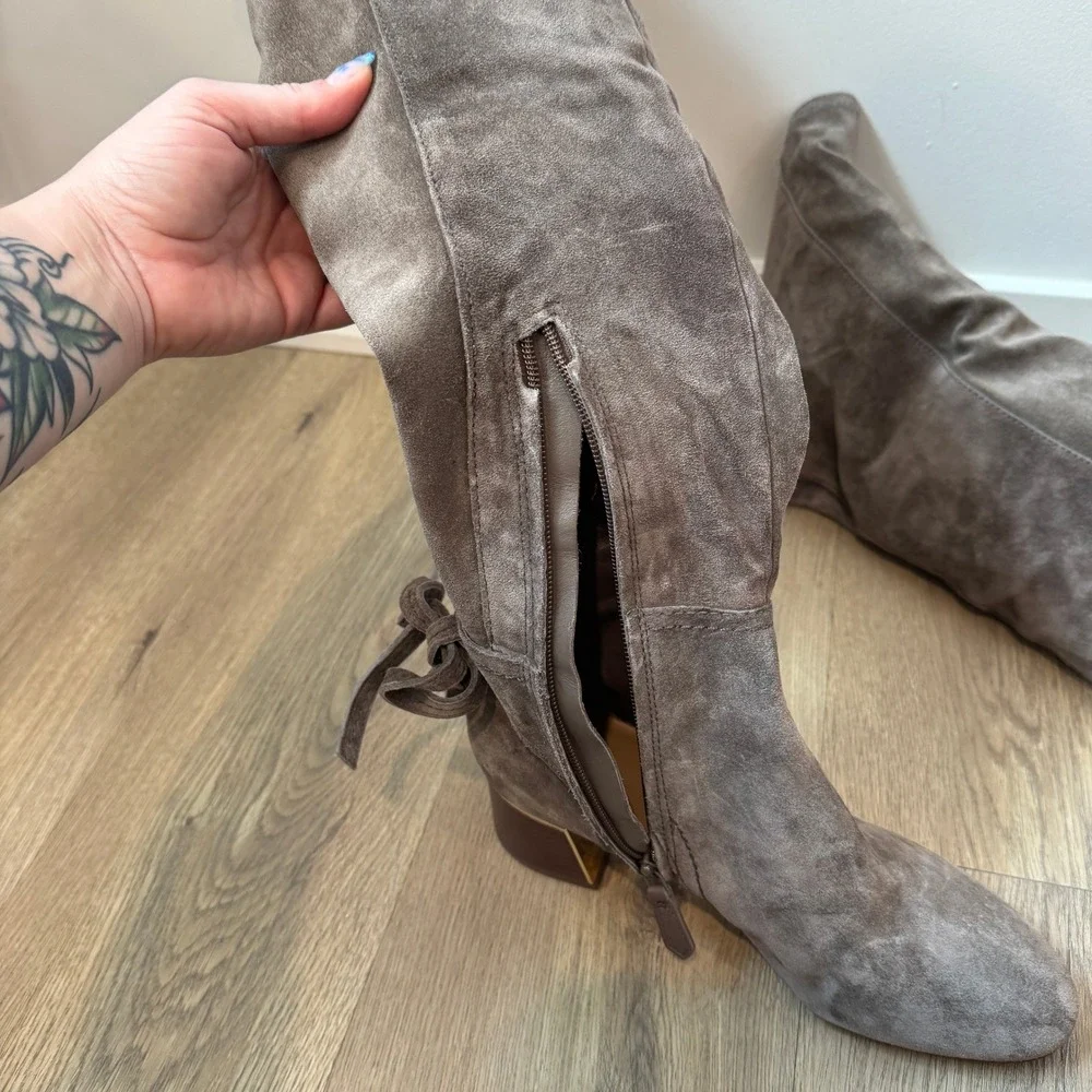 Tory Burch Laila Suede Over-The-Knee Boots Gray Suede Designer Logo Bows 8.5 EUC